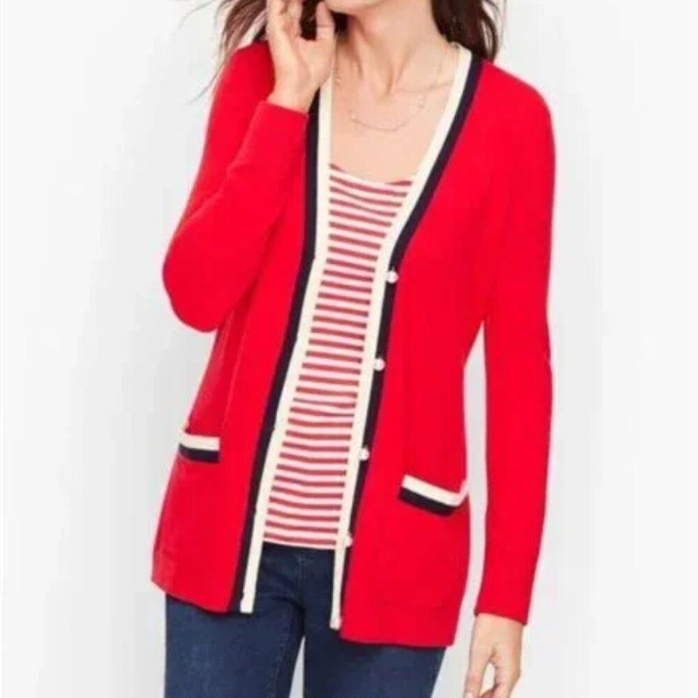 TALBOTS NWOT V Neck Red White Blue Long Sleeve Cotton Cashmere Pearl Car…